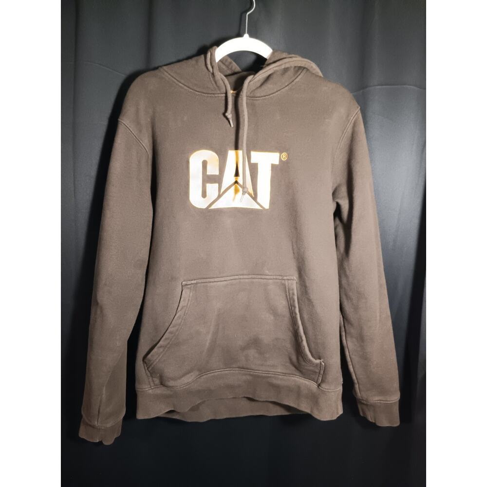 Caterpillar CAT Embroidered Logo Hoodie Brown Yellow Workwear Pullover Size L